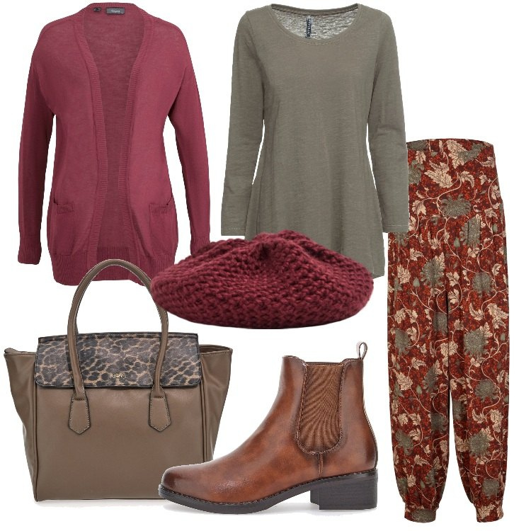 Outfit donna - I colori dell\'autunno. Stile Etnico per Tutti i giorni. Abbinamento con maglieria, pantaloni, cardigans, stivaletti, borse a mano, cappelli e berretti.