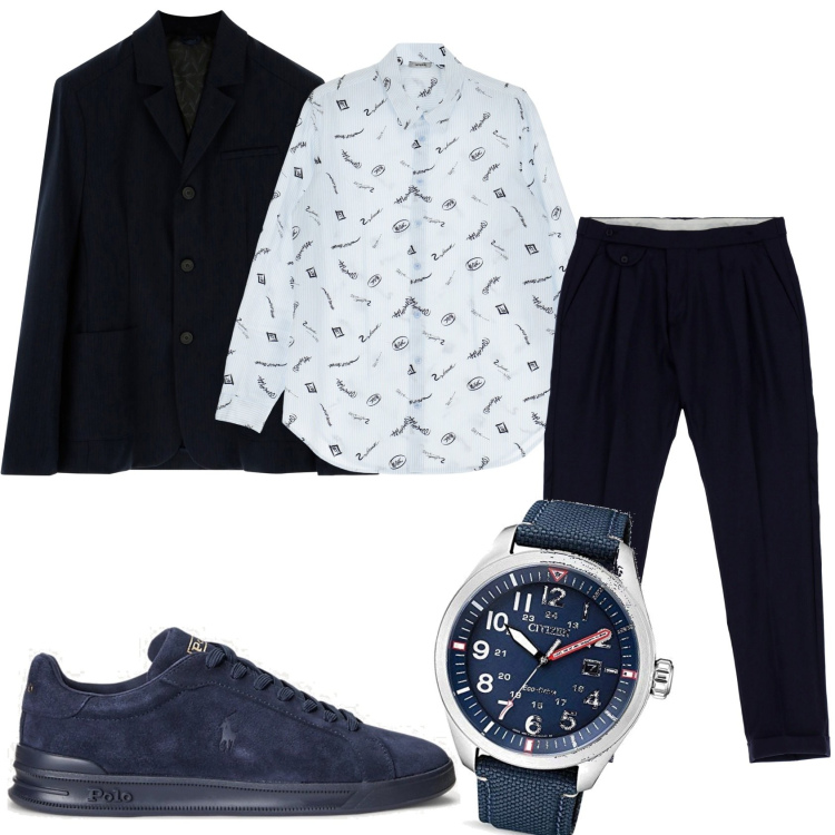 Outfit uomo - Elegante in blu. Stile Business/Elegante per Tutti i giorni. Abbinamento con camicie, giacche, pantaloni, sneakers, orologi analogici.