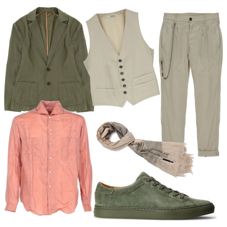 Outfit uomo - Verde e salmone per lui. Stile Casual per Tutti i giorni. Abbinamento con giacche, pantaloni, gilet, sneakers, camicie, sciarpe.