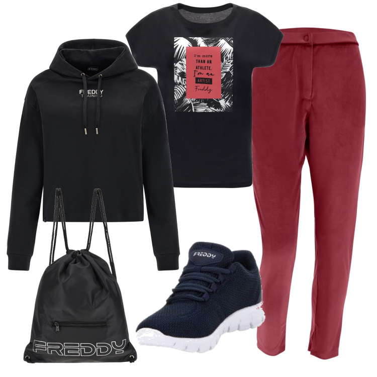 Outfit donna - Pantaloni amaranto. Stile Sporty chic per Sport. Abbinamento con zaini, pantaloni, sneakers, felpe con cappuccio, t-shirt.