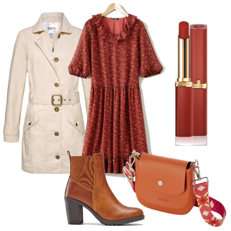 Outfit donna - Colore mattone. Stile Basic per Tutti i giorni. Abbinamento con trench, vestiti midi/longuette, stivaletti, rossetti, borse a spalla.