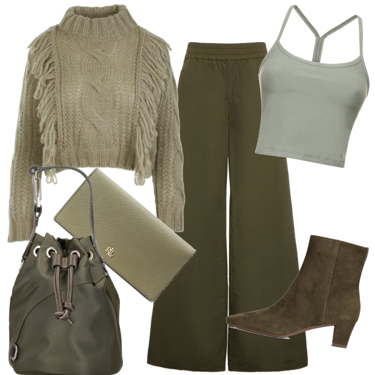 Outfit donna - Giornata in Verde. Stile Casual per Tutti i giorni. Abbinamento con portafogli, stivaletti, pantaloni, maglieria, borse a secchiello, canottiere.