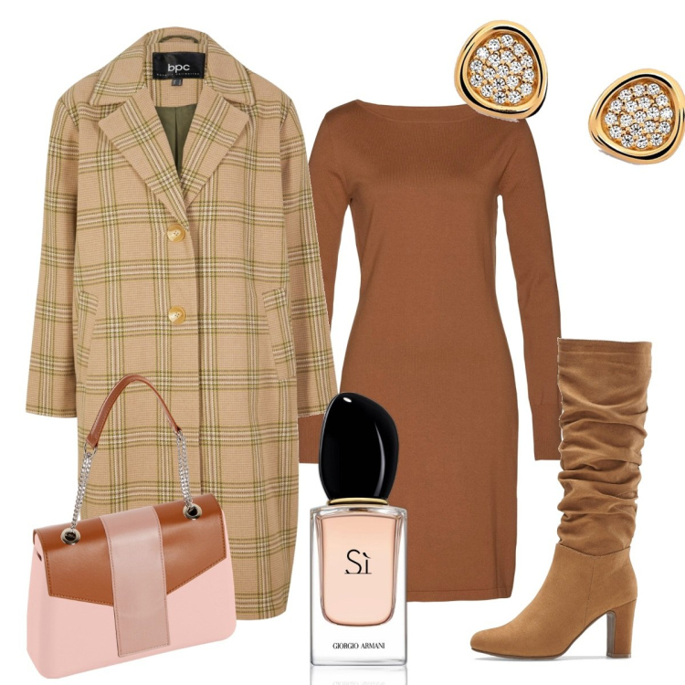 Outfit donna - Wow. Stile Chic per Tutti i giorni. Abbinamento con vestiti, stivali, cappotti, profumi, orecchini, borse a spalla.