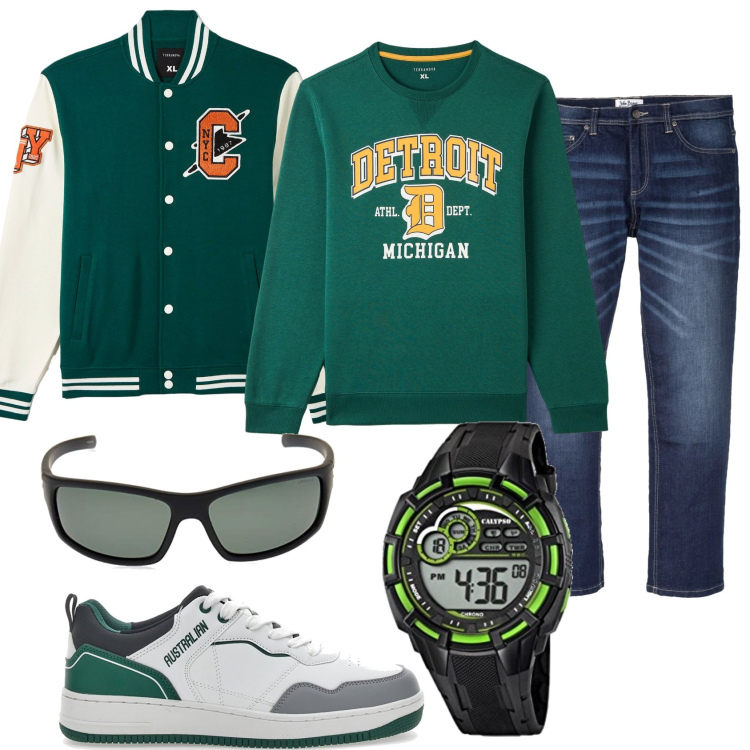 Outfit uomo - Casual in jeans e giubbotto. Stile Casual per Tutti i giorni. Abbinamento con jeans dritti, bomber, felpe, orologi digitali, occhiali da sole, scarpe sportive.