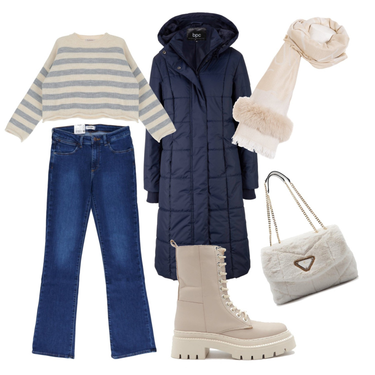 Outfit donna - Arriva il freddo !. Stile Casual per Tutti i giorni. Abbinamento con blazer, sciarpe, pullovers, borse a spalla, jeans, anfibi.