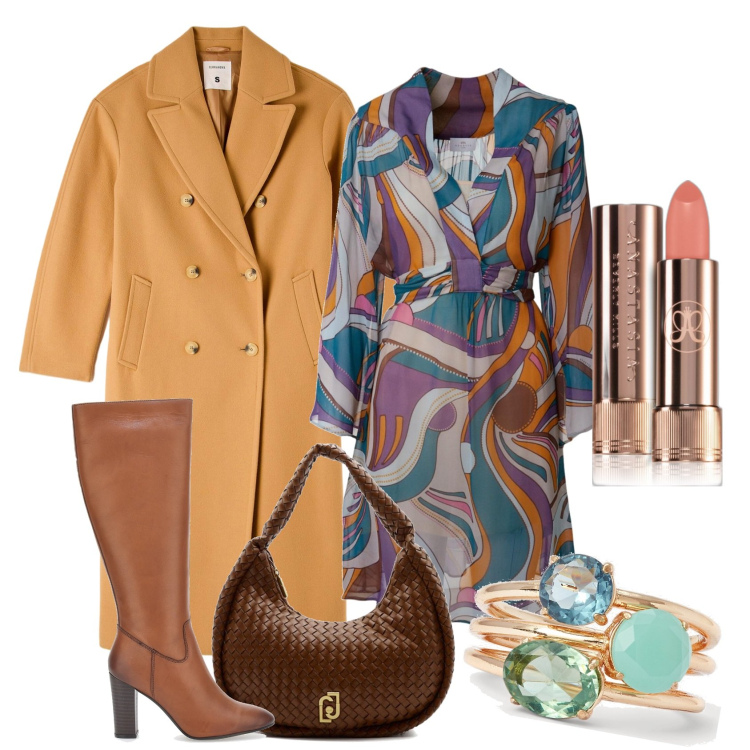 Outfit donna - Il cappotto a doppio petto. Stile Casual per Ufficio. Abbinamento con rossetti, cappotti, anelli, vestiti, stivali, borse a spalla.