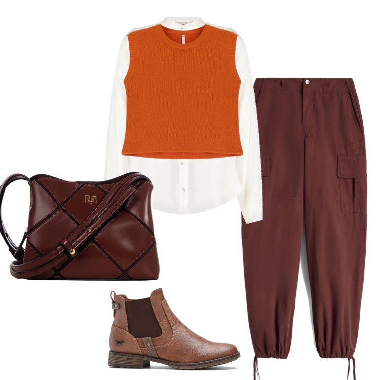 Outfit donna - Il gilet color mattone. Stile Mannish per Ufficio. Abbinamento con stivaletti chelsea, camicie, borse a spalla, maglieria, pantaloni cargo.