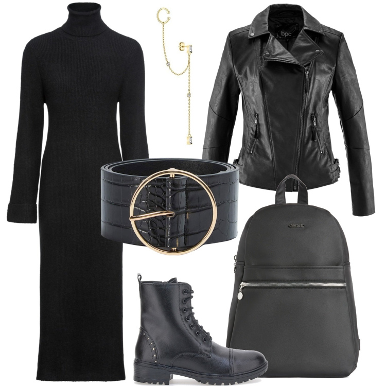Outfit donna - Rock in total black. Stile Rock per Serata fuori. Abbinamento con blazer, vestiti, cinture, zaini, anfibi, orecchini.