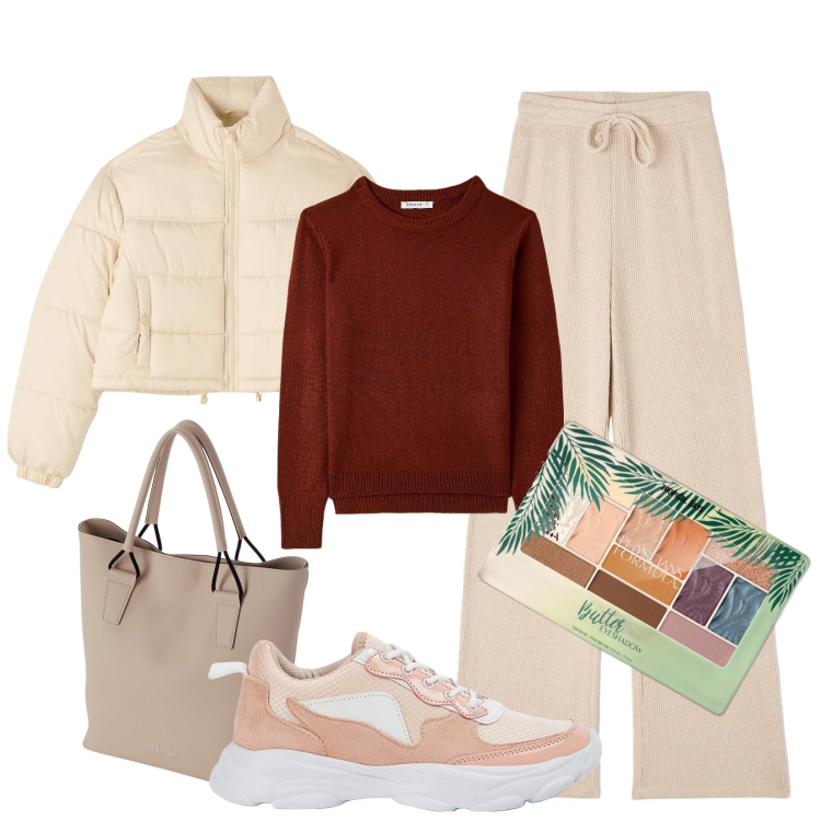 Outfit donna - Il pullover mattone. Stile Basic per Tutti i giorni. Abbinamento con ombretti, pantaloni, sneakers, maglieria, piumini, borse a spalla.