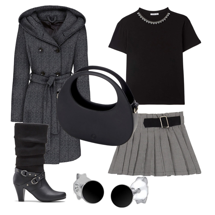 Outfit donna - Total look #1733818. Stile Casual chic per Serata fuori. Abbinamento con stivali, cappotti, t-shirt, minigonne, orecchini, borse a spalla.