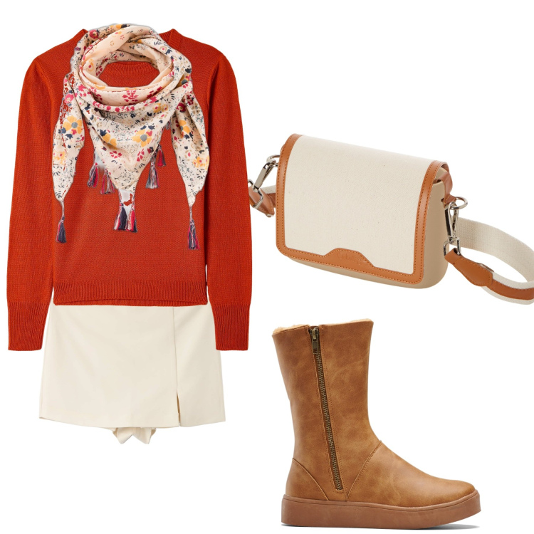 Outfit donna - Il pull color mattone. Stile Casual per Scuola/Università. Abbinamento con stivali, foulard, maglieria, gonne, borse a spalla.