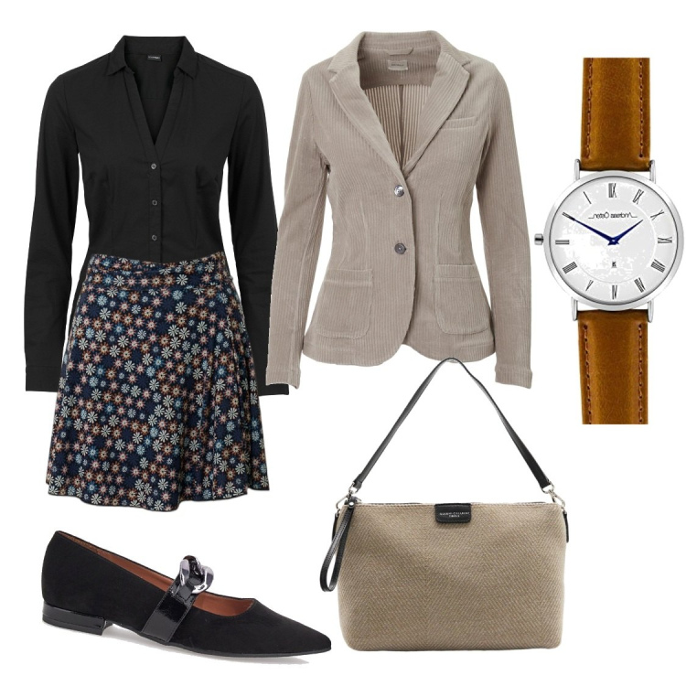 Outfit donna - Bon Ton low cost. Stile Bon Ton per Ufficio. Abbinamento con camicie, gonne, orologi analogici, giacche, ballerine, borse a mano.