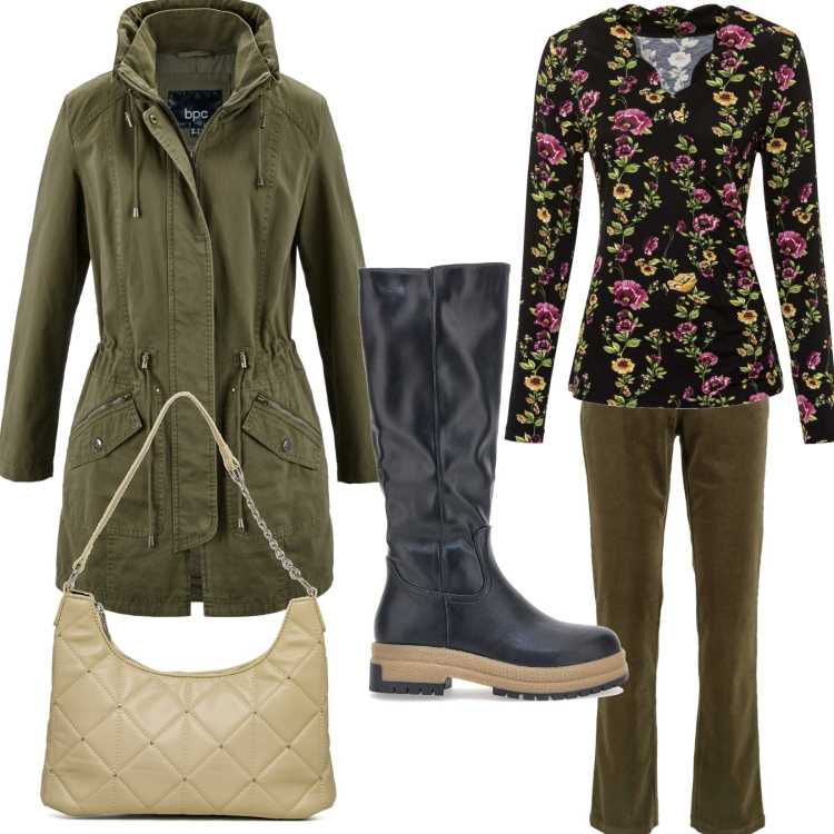 Outfit donna - Rain day. Stile Casual per Tutti i giorni. Abbinamento con pantaloni, parka, bluse, borse a spalla, stivali sopra il ginocchio.