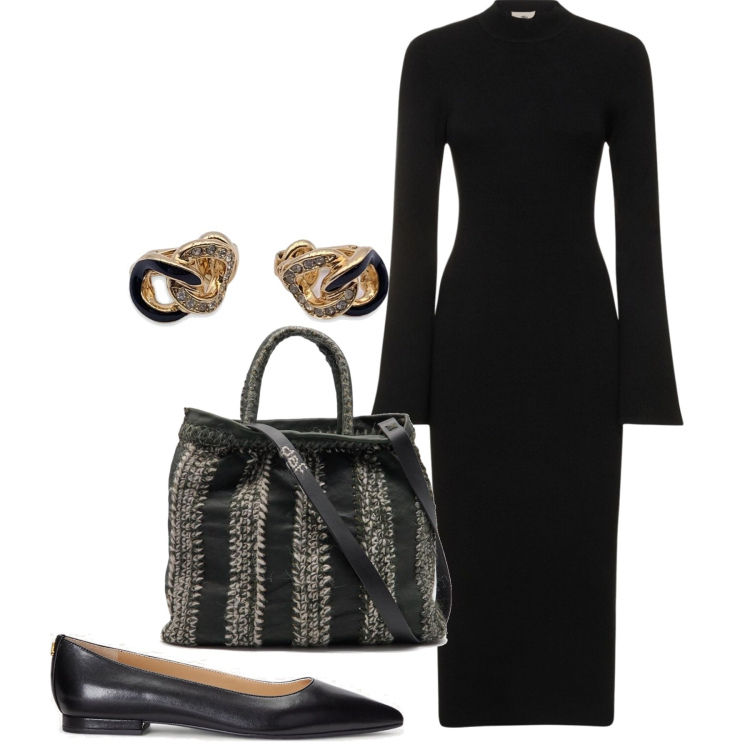 Outfit donna - Total black. Stile Chic per Tutti i giorni. Abbinamento con orecchini, ballerine, borse a mano, vestiti midi/longuette.