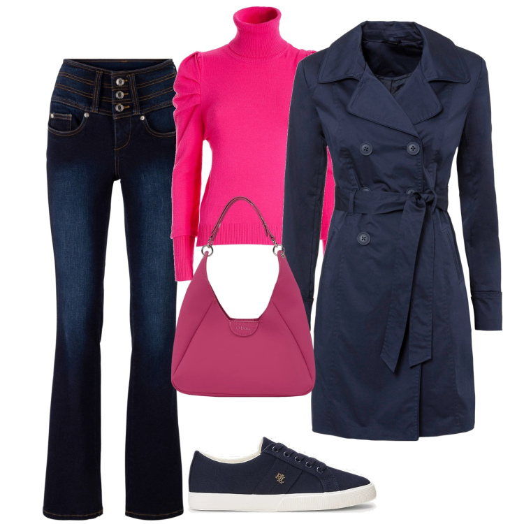 Outfit donna - In città. Stile Casual chic per Tutti i giorni. Abbinamento con trench, jeans bootcut, maglieria, scarpe sportive, borse a spalla.