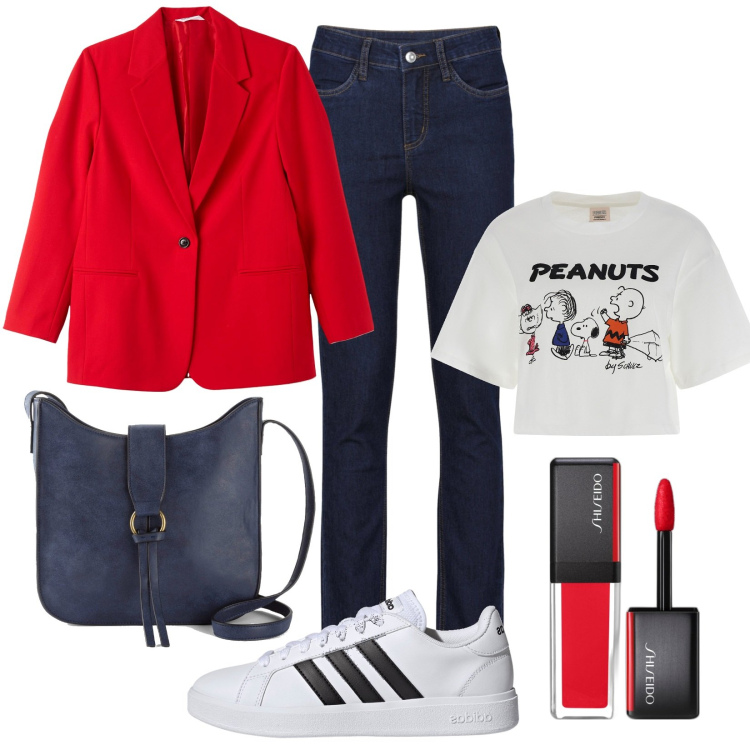 Outfit donna - Sporty chic. Stile Sporty chic per Tutti i giorni. Abbinamento con jeans, borse a tracolla, rossetti, blazer, t-shirt, sneakers.