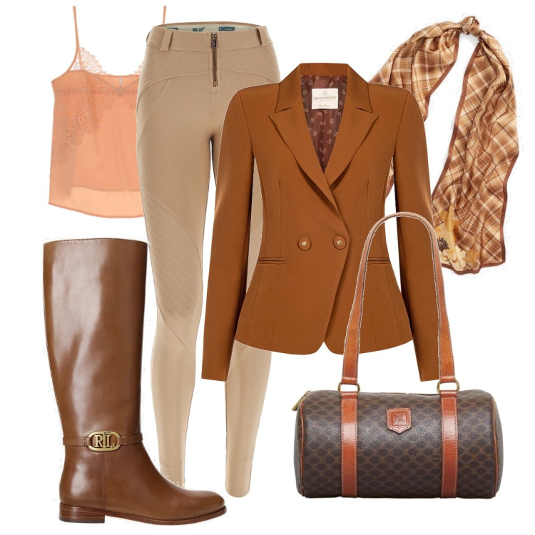 Outfit donna - Cavallerizza. Stile Casual chic per Serata fuori. look ideale per Tall. Abbinamento con borse a spalla, blazer, canottiere, pantaloni skinny, stivali sopra il ginocchio, sciarpe.