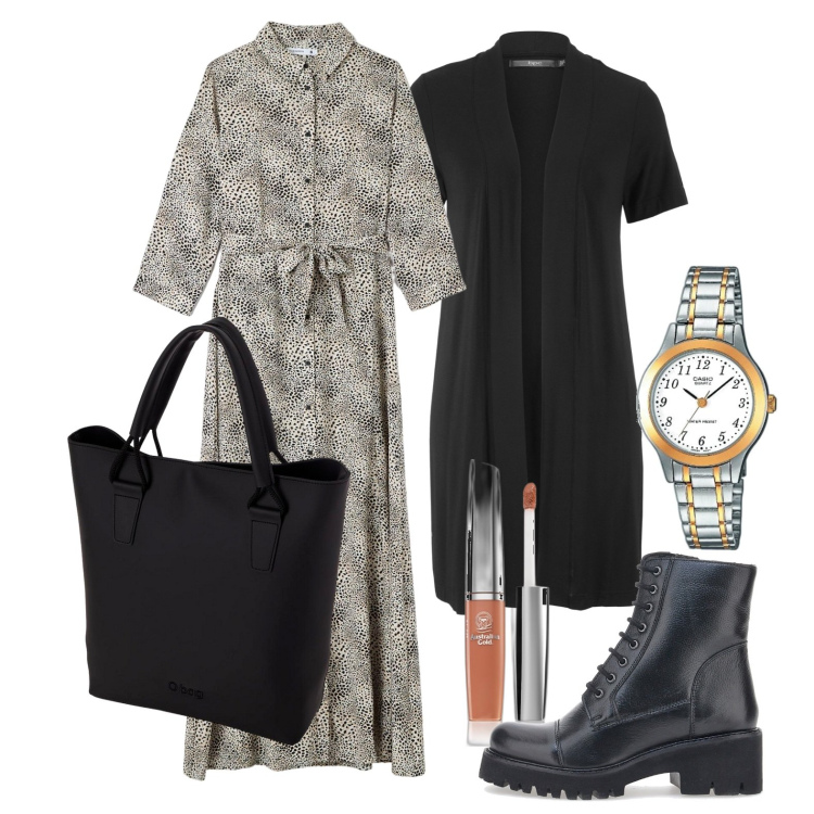 Outfit donna - Ghost outfitter - ottobre. Stile Trendy per Ufficio. Abbinamento con cardigans, gloss, vestiti lunghi, anfibi, borse a spalla, orologi.