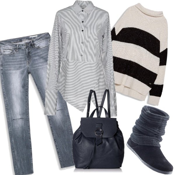 Outfit donna - Il maglione da marinaio. Stile Basic per Tutti i giorni. Abbinamento con stivali, blusa a righe collo classico a maniche lunghe in cotone con bottoni, jeans vita bassa sulla coscia a punta in denim grigio, felpa bianco, zaino navy e blu.