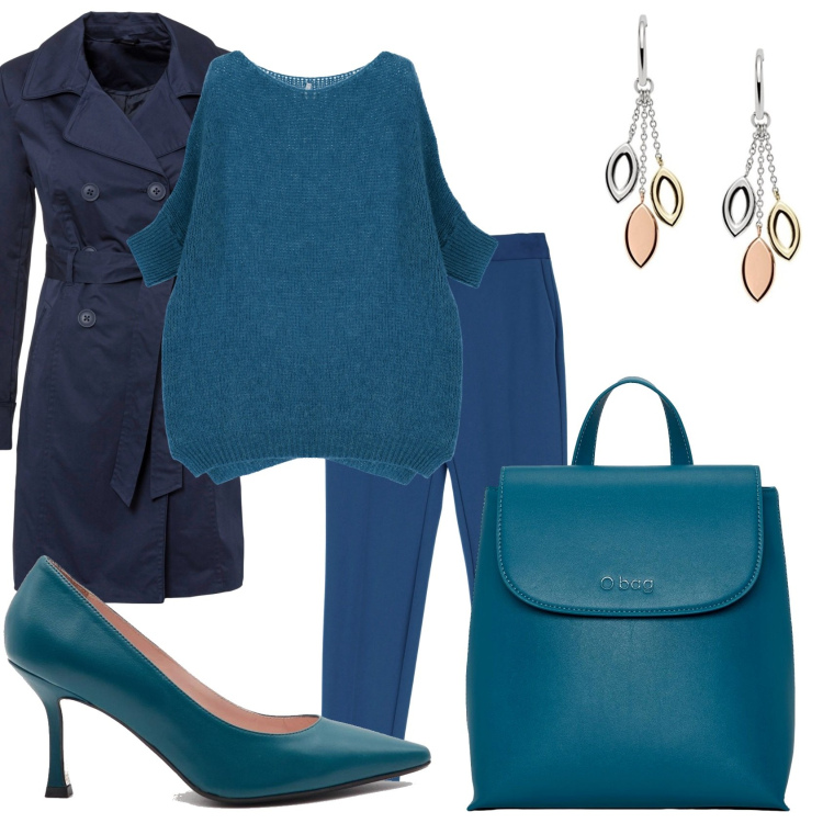 Outfit donna - Appuntamento importante. Stile Glamour per Tutti i giorni. Abbinamento con trench, pullovers, pantaloni, zaini, orecchini, décolleté.
