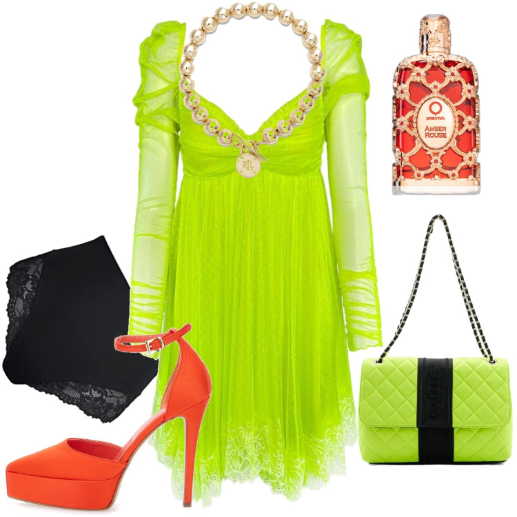 Outfit donna - Total look #1734035. Stile Glamour per Serata fuori. Abbinamento con profumi, braccialetti, borse a spalla, décolleté, vestiti, slip.