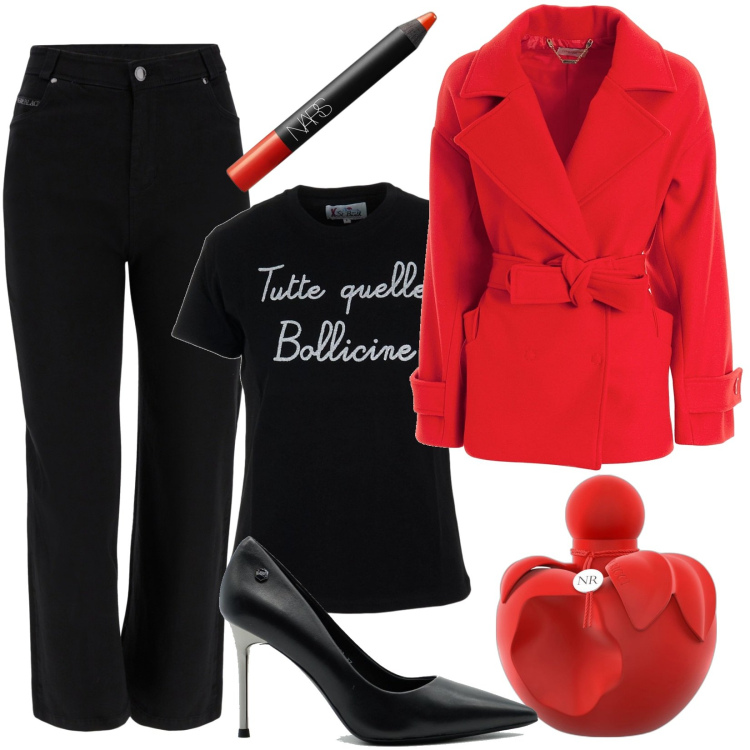 Outfit donna - Total look #1734043. Stile Casual per Tutti i giorni. Abbinamento con profumi, matite labbra, cappotti, jeans dritti, t-shirt, décolleté.