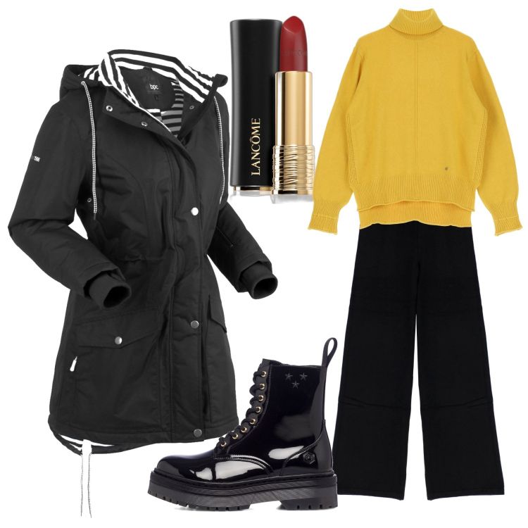 Outfit donna - Con la pioggia per compagna. Stile Basic per Mare. Abbinamento con blazer, rossetti, maglieria, pantaloni a palazzo, anfibi.