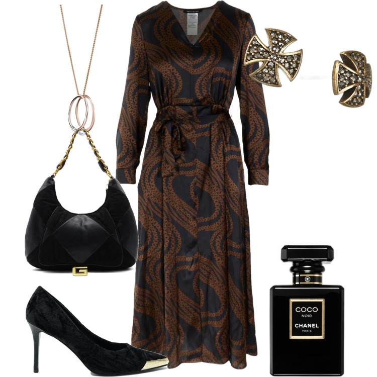 Outfit donna - Un abito versatile. Stile Chic per Serata fuori. Abbinamento con profumi, vestiti, orecchini, borse a spalla, décolleté, ciondoli.