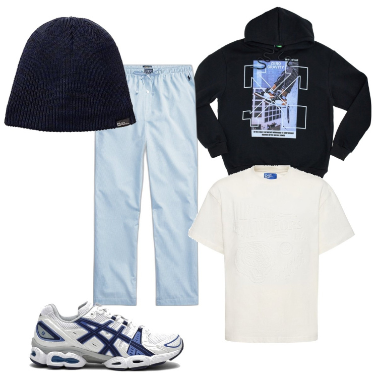 Outfit uomo - A spasso con Fido. Stile Casual per Tutti i giorni. Abbinamento con pantaloni, t-shirt, felpe con cappuccio, sneakers, berretti.