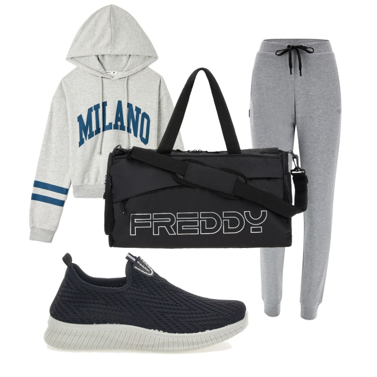 Outfit donna - Total look #1734080. Stile Basic per Sport. Abbinamento con felpe con cappuccio, borse sportive, pantaloni, sneakers.