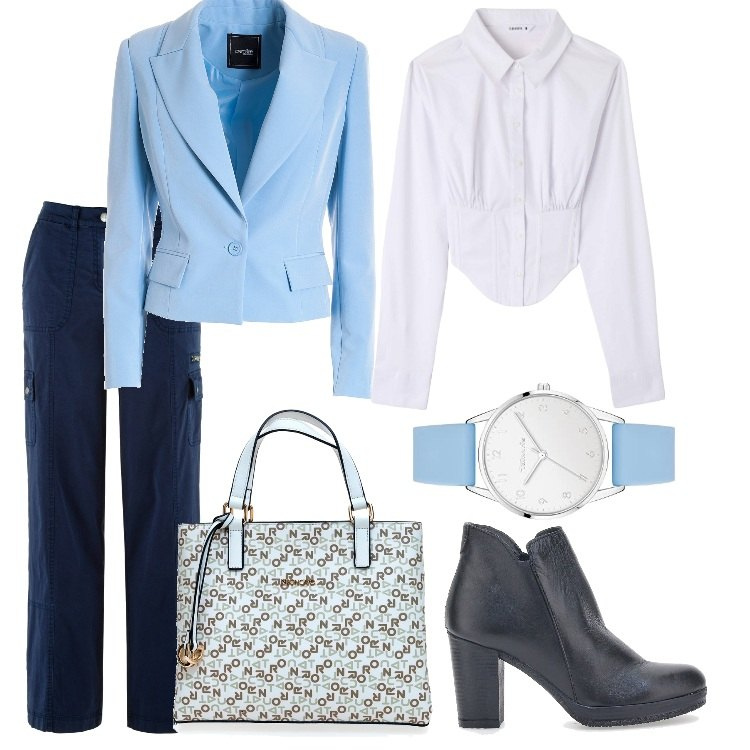 Outfit donna - Azzurro in ufficio. Stile Casual per Ufficio. Abbinamento con pantaloni cargo, camicie, blazer, stivaletti, borse a mano, orologi analogici.