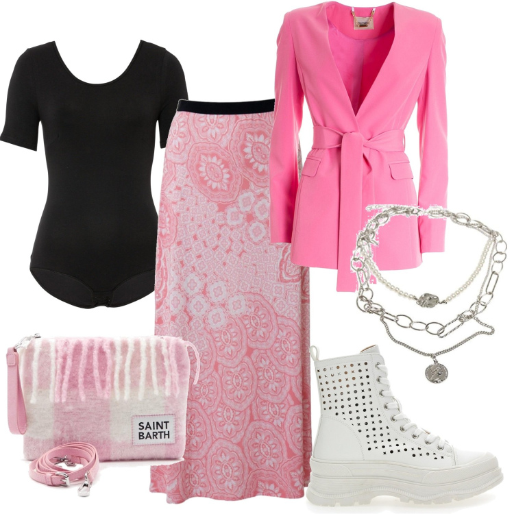 Outfit donna - Total look #1734102. Stile Casual per Tutti i giorni. Abbinamento con body, blazer, gonne, borse a mano, stivaletti, ciondoli.