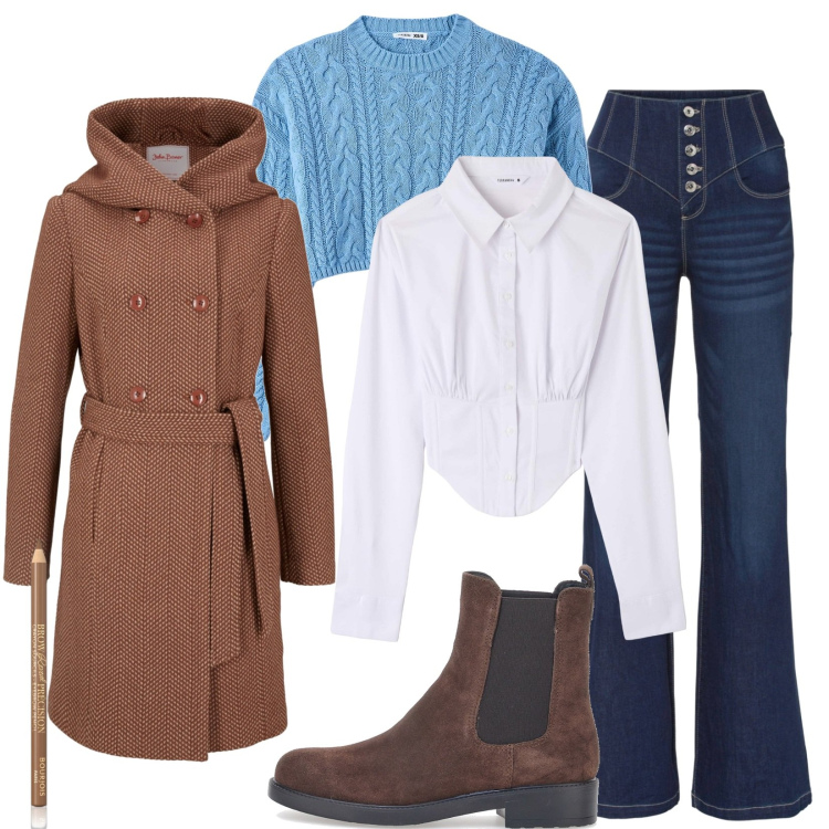 Outfit donna - Total look #1734142. Stile Casual per Tutti i giorni. Abbinamento con cappotti, jeans a zampa, eyeliner, maglieria, camicie, stivaletti.