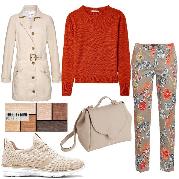 Outfit donna - Il maglione color mattone. Stile Casual per Ufficio. Abbinamento con pantaloni, sneakers, trench, ombretti, maglieria, borse a spalla.