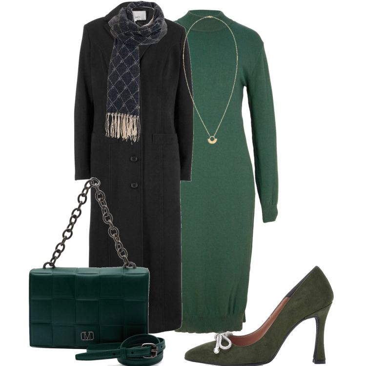 Outfit donna - In città. Stile Casual chic per Tutti i giorni. Abbinamento con cappotti, vestiti midi/longuette, sciarpe, décolleté, ciondoli, borse a mano.