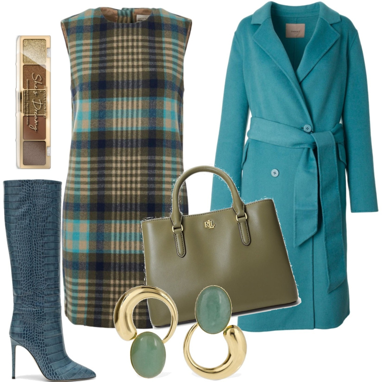 Outfit donna - Total look #1734166. Stile Chic per Tutti i giorni. Abbinamento con ombretti, borse a mano, cappotti, orecchini, vestiti, stivali.