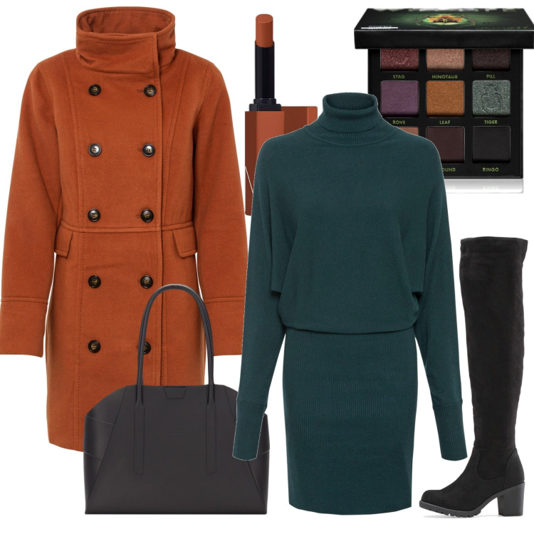 Outfit donna - Colori autunnali. Stile Casual chic per Tutti i giorni. Abbinamento con vestiti, cappotti, stivali sopra il ginocchio, rossetti, ombretti, borse a spalla.