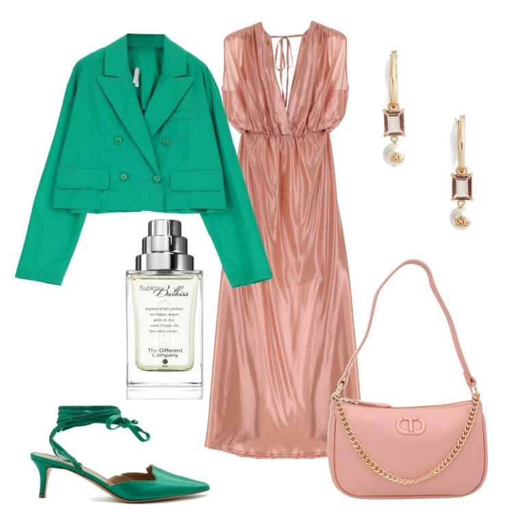 Outfit donna - Aperitivo di fine estate. Stile Chic per Serata fuori. Abbinamento con profumi, giacche, vestiti lunghi, orecchini, borse a mano, sandali col tacco.