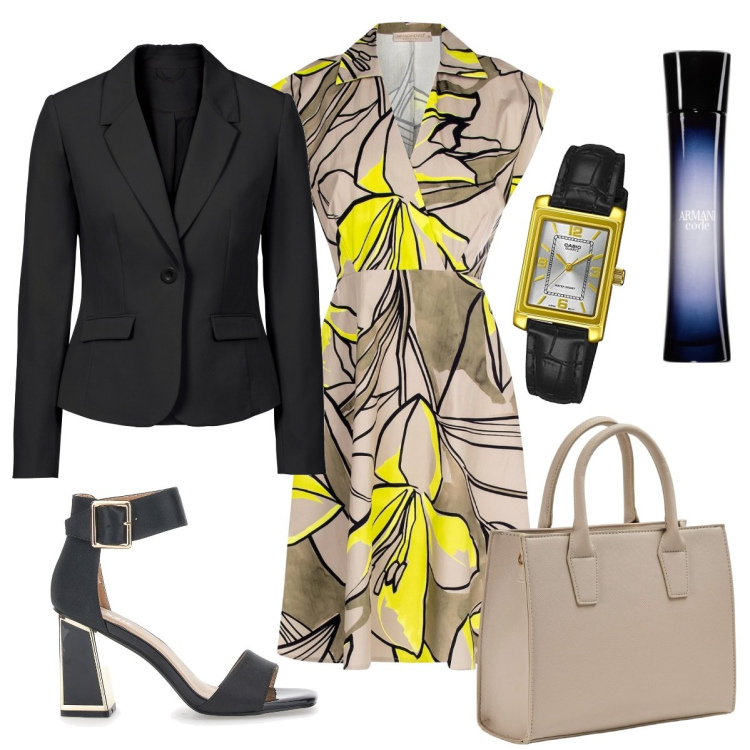 Outfit donna - Now. Stile Chic per Ufficio. Abbinamento con blazer, profumi, shopping bag, vestiti midi/longuette, orologi, sandali col tacco.