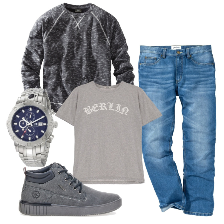 Outfit uomo - Autunno in felpa. Stile Casual per Tutti i giorni. Abbinamento con jeans dritti, felpe, t-shirt, orologi, scarpe stringate.