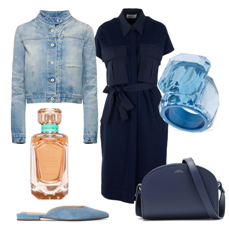 Outfit donna - Oggi in ufficio. Stile Chic per Ufficio. Abbinamento con profumi, sabot, vestiti, anelli, giacche, borse a tracolla.