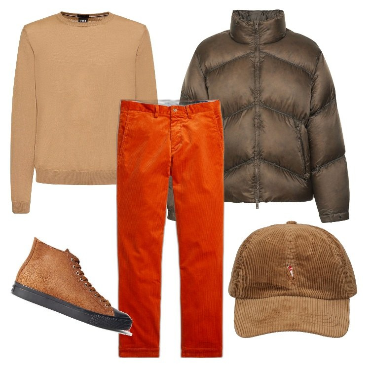 Outfit uomo - Camminata autunnale. Stile Casual per Tutti i giorni. Abbinamento con sneakers, pantaloni, maglieria, cappelli, piumini.