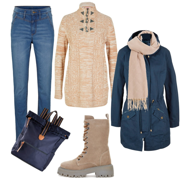 Outfit donna - Montagna... arrivo. Stile Casual per Tutti i giorni. Abbinamento con parka, zaini, maglieria, jeans skinny, sciarpe, anfibi.