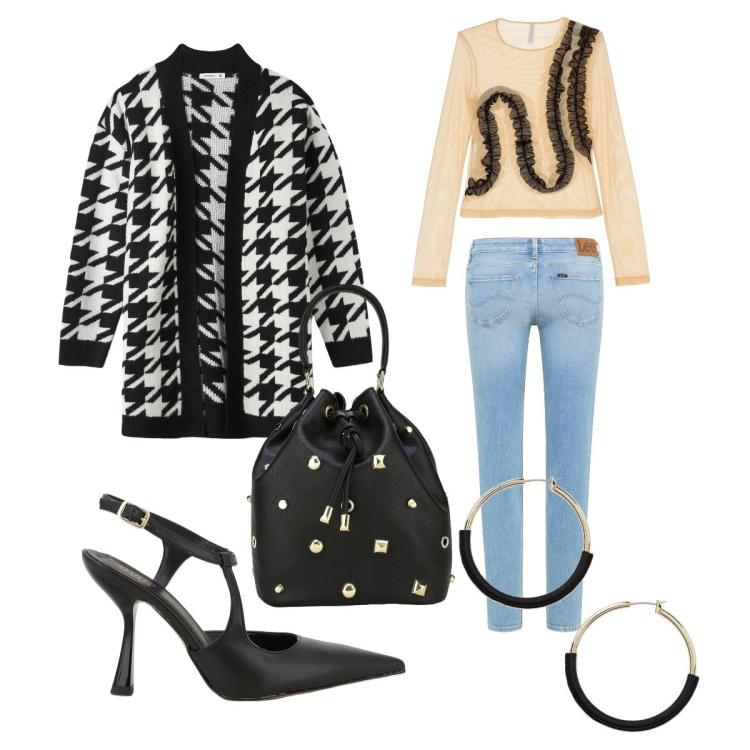 Outfit donna - Total look #1734292. Stile Basic per Tutti i giorni. Abbinamento con cardigans, maglieria, décolleté, borse a secchiello, orecchini, jeans skinny.