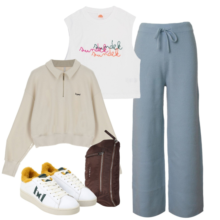 Outfit donna - Camminata veloce. Stile Basic per Tutti i giorni. Abbinamento con felpe, sneakers, pantaloni a palazzo, marsupi, t-shirt.
