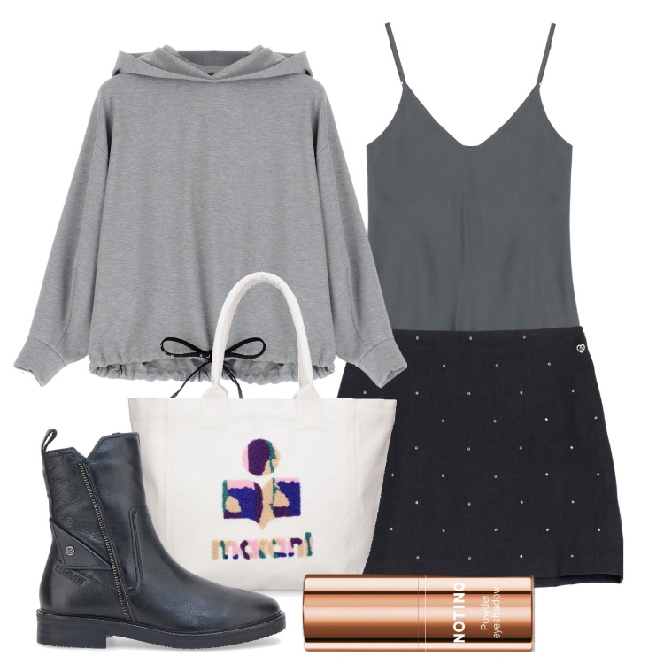 Outfit donna - Felpa per sempre. Stile Urban per Tutti i giorni. Abbinamento con ombretti, minigonne, felpe con cappuccio, canottiere, stivaletti, shopping bag.