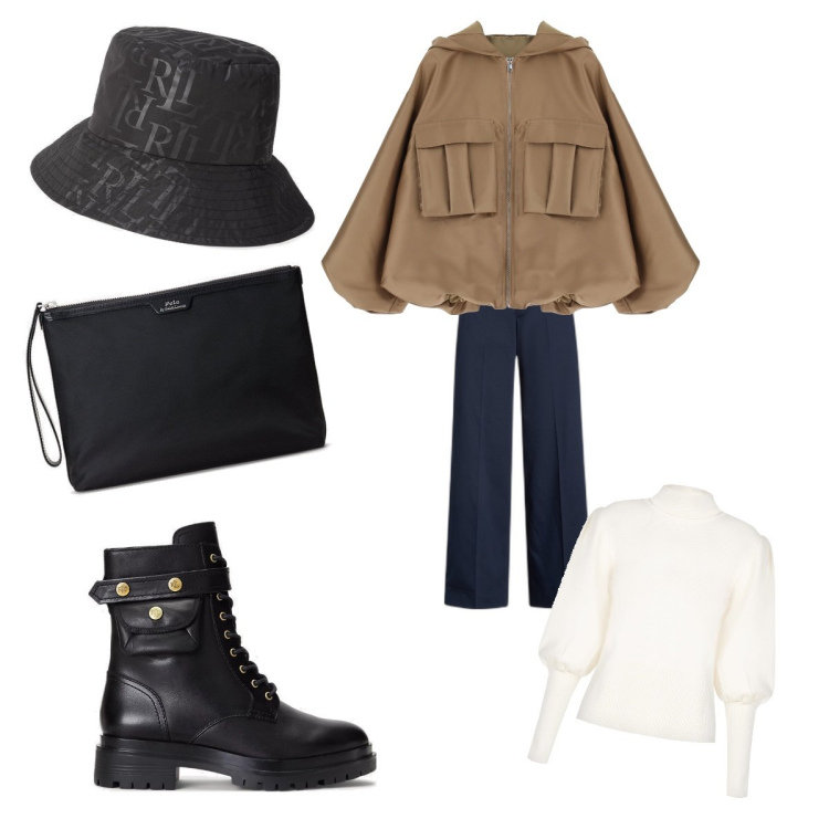 Outfit donna - Total look #1734314. Stile Casual chic per Tutti i giorni. Abbinamento con maglieria, cappotti, stivaletti, cappelli, pochette, pantaloni.