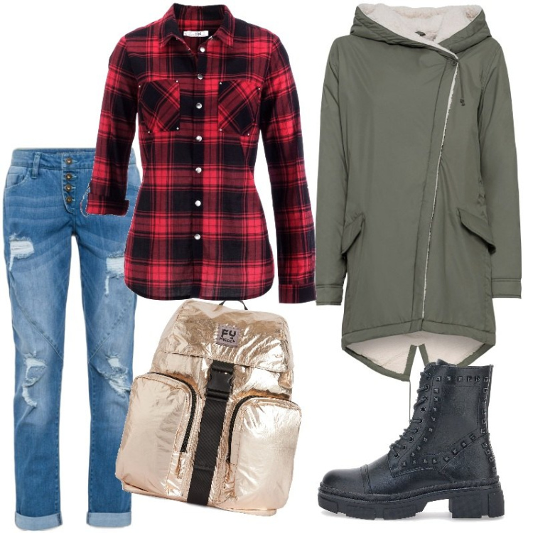 Outfit donna - Università. Stile Urban per Scuola/Università. Abbinamento con jeans boyfriend, camicie, cappotti, zaini, anfibi.
