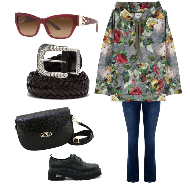 Outfit donna - Armonia floreale. Stile Casual per Tutti i giorni. Abbinamento con jeans a zampa, felpe con cappuccio, pochette, occhiali da sole, scarpe stringate, cinture.