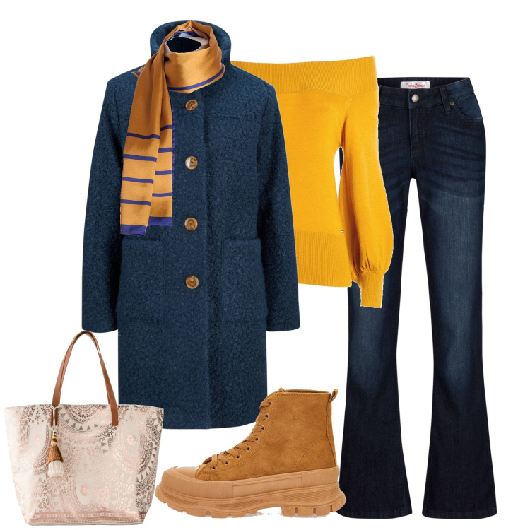 Outfit donna - Blu e giallo. Stile Basic per Tutti i giorni. Abbinamento con jeans bootcut, cappotti, shopping bag, maglieria, foulard, sneakers.